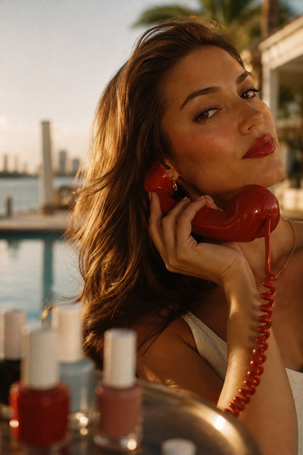 A hair client with a fresh blowout on a red telephone beside a pool in Miami Beach