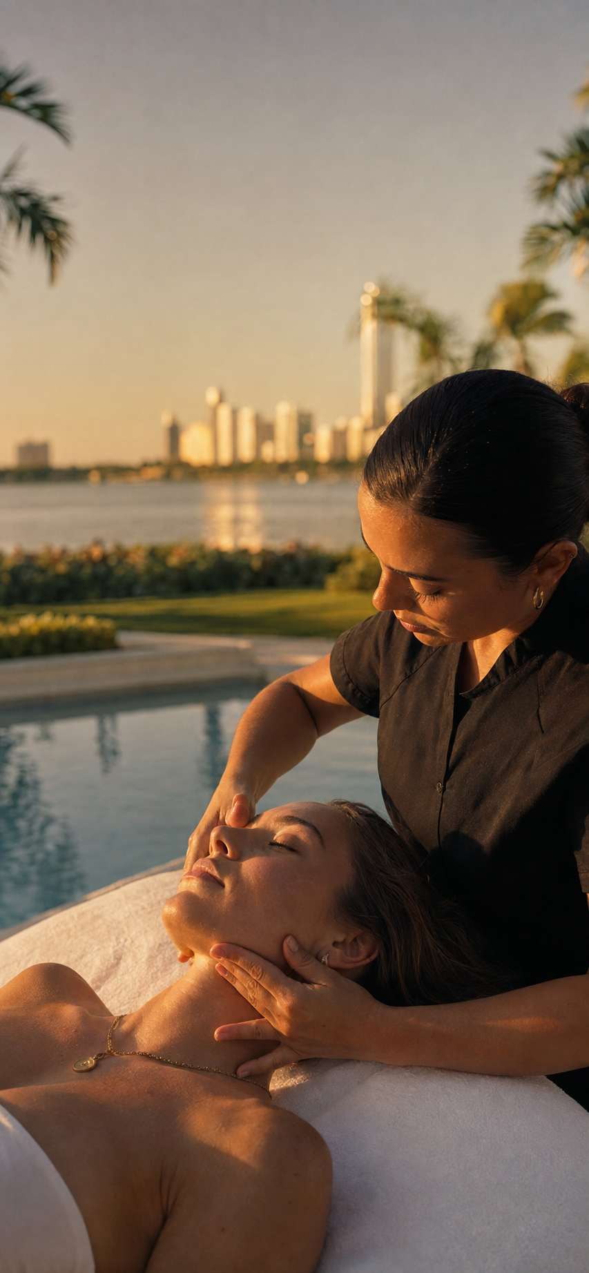 A massage therapist treats a reclining client on a poolside massage table at sunset, with a pool and city skyline behind them.