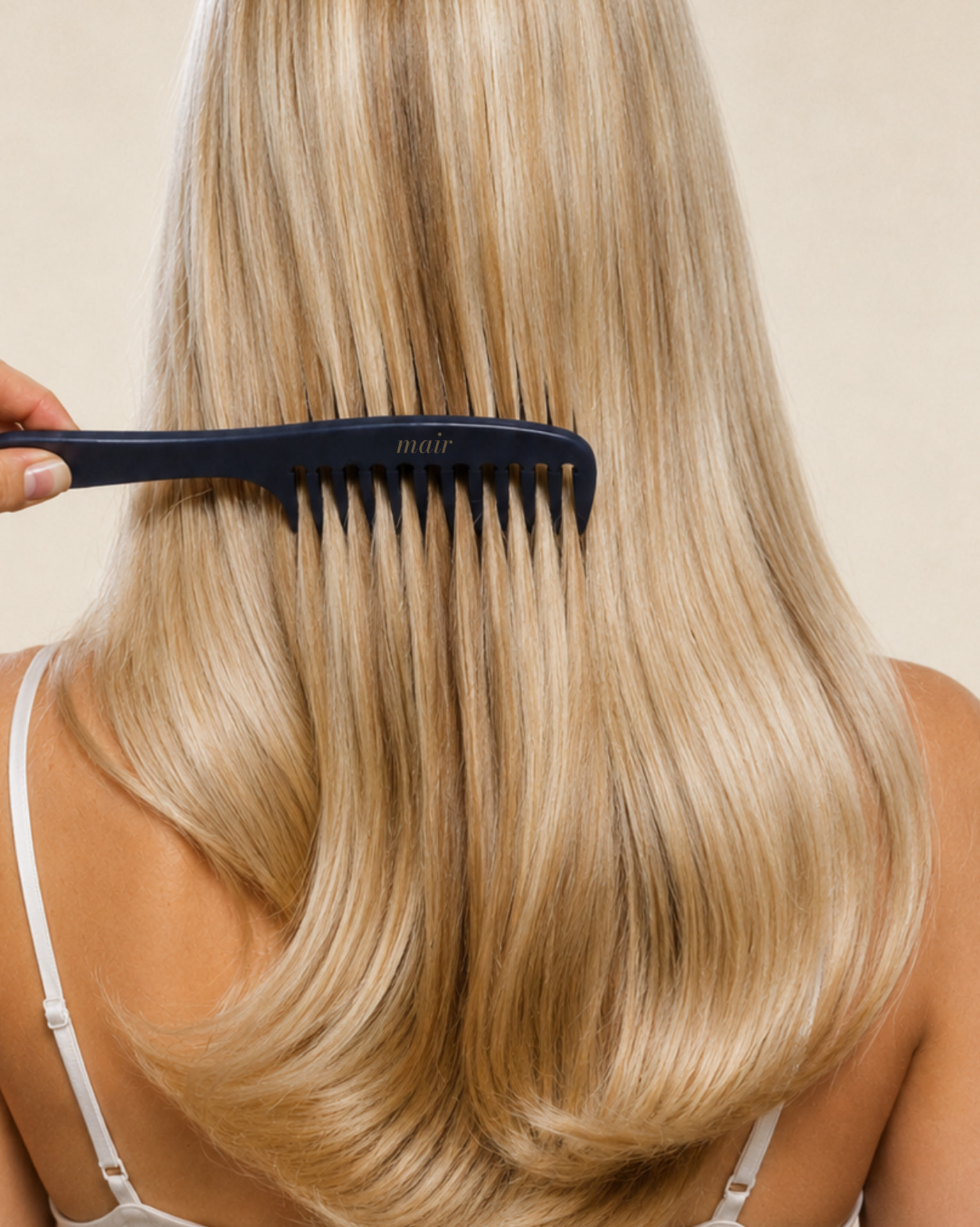 A wide tooth mair comb drawn through long blonde blow-dried hair